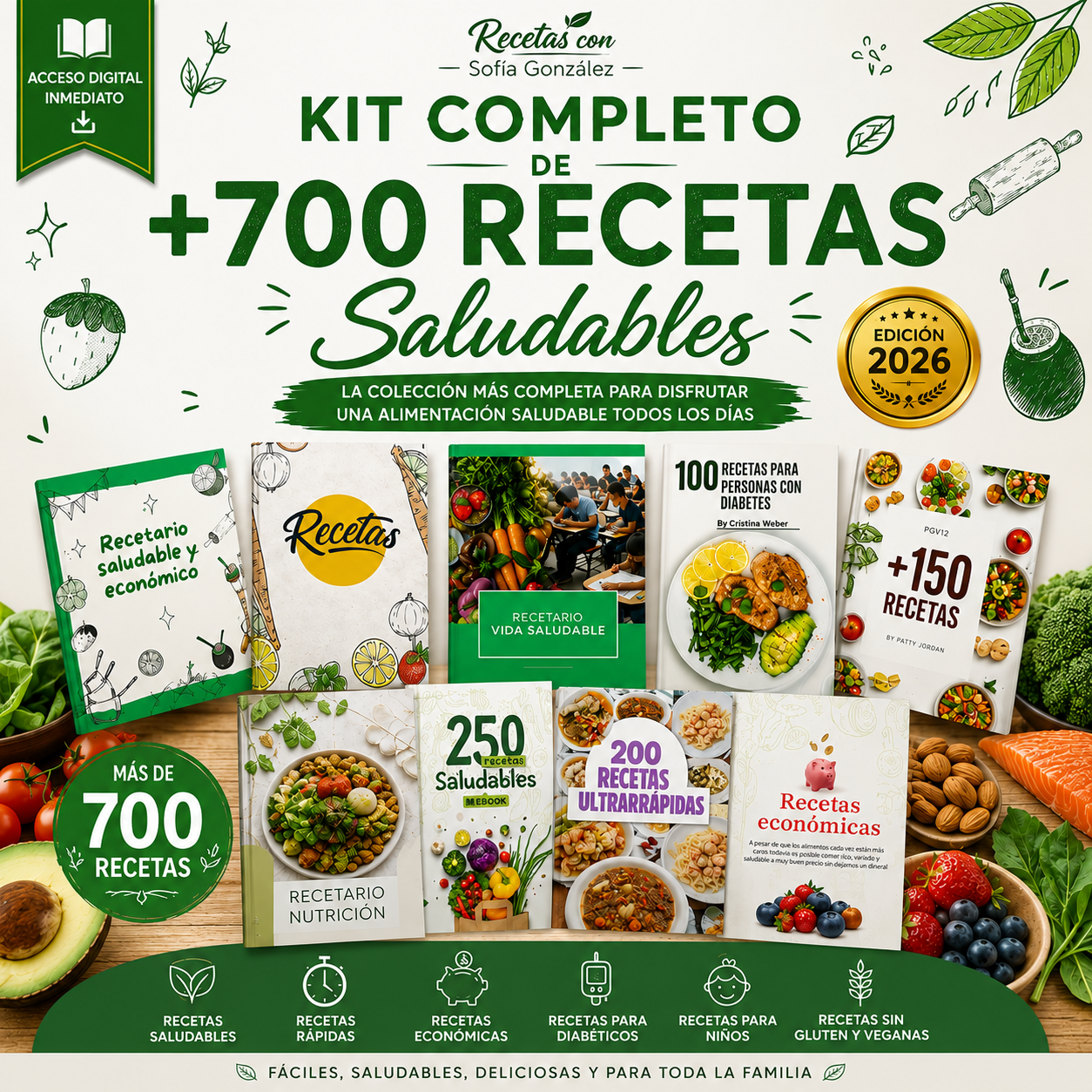 Colección de recetarios digitales CocinaSaludable junto a verduras frescas, frutas y un plato saludable